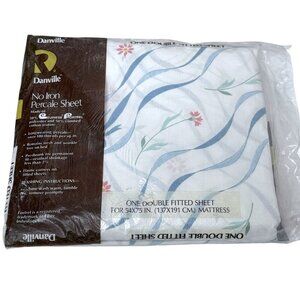 Vintage Fitted Sheet Full Size Blue Bow Floral by Danville No Iron Percale